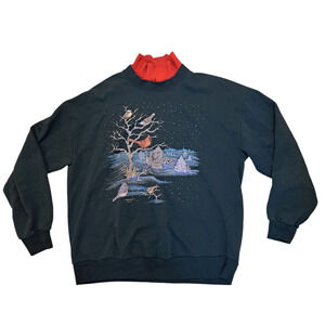 Vintage Morning Sun Green Red Birds Snow Christmas Pullover Sweatshirt‎ Size XL